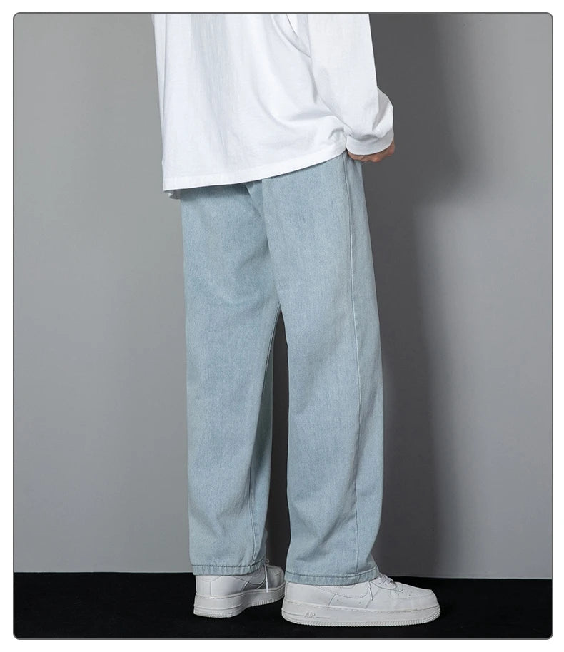 2025 neue Koreanische männer Casual Lange Jeans Klassische Mann Gerade Denim Breite bein Hosen Einfarbig Hellblau grau Schwarz