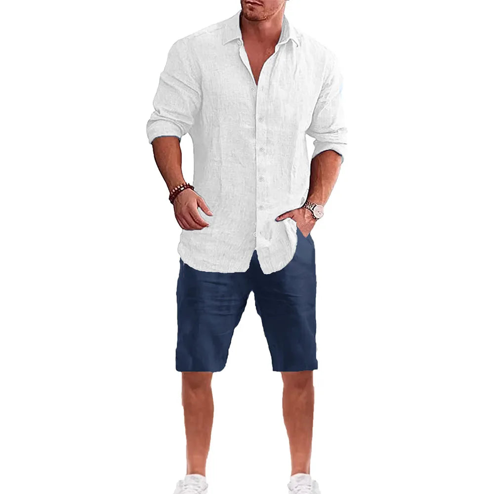 Männer Langarm Hemd Anzug Casual Einfachen Stil Revers Kragen Leichte Atmungsaktive Outfit Männliche Mode Sets Frühling Sommer