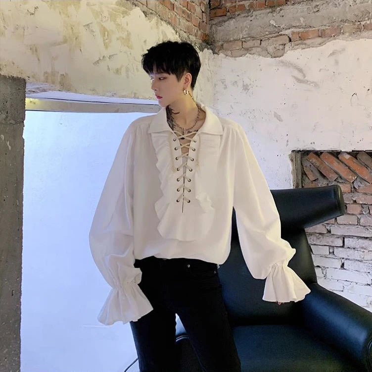 Piratenhemd für Herren, Vintage-Gothic-Renaissance-Stil, Rüschen, Schnürung, mittelalterliches Buccaneer-Blusenoberteil für alle Jahreszeiten