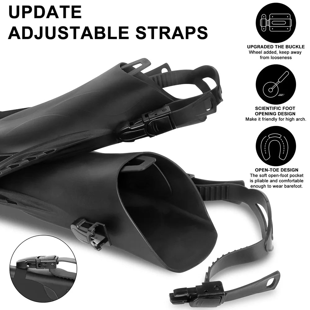 Schnorchelflossen, Schwimmflossen, kurze Tauch-Froschschuhe, Entenwebe, verstellbares Silikon, Reisegröße, offener Absatz, für Erwachsene, Männer, Frauen, Jugendliche, Kinder