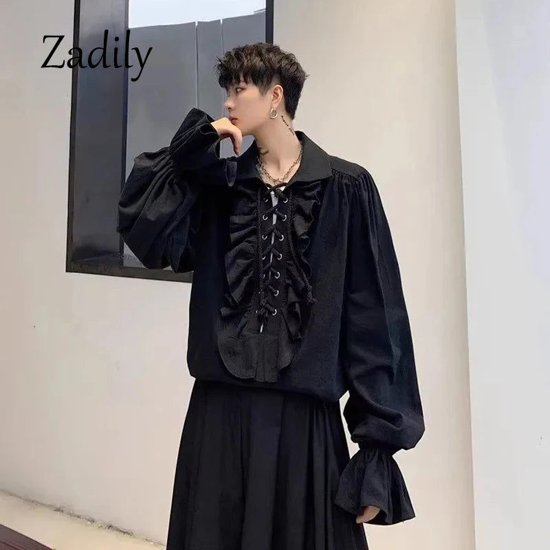 Piratenhemd für Herren, Vintage-Gothic-Renaissance-Stil, Rüschen, Schnürung, mittelalterliches Buccaneer-Blusenoberteil für alle Jahreszeiten