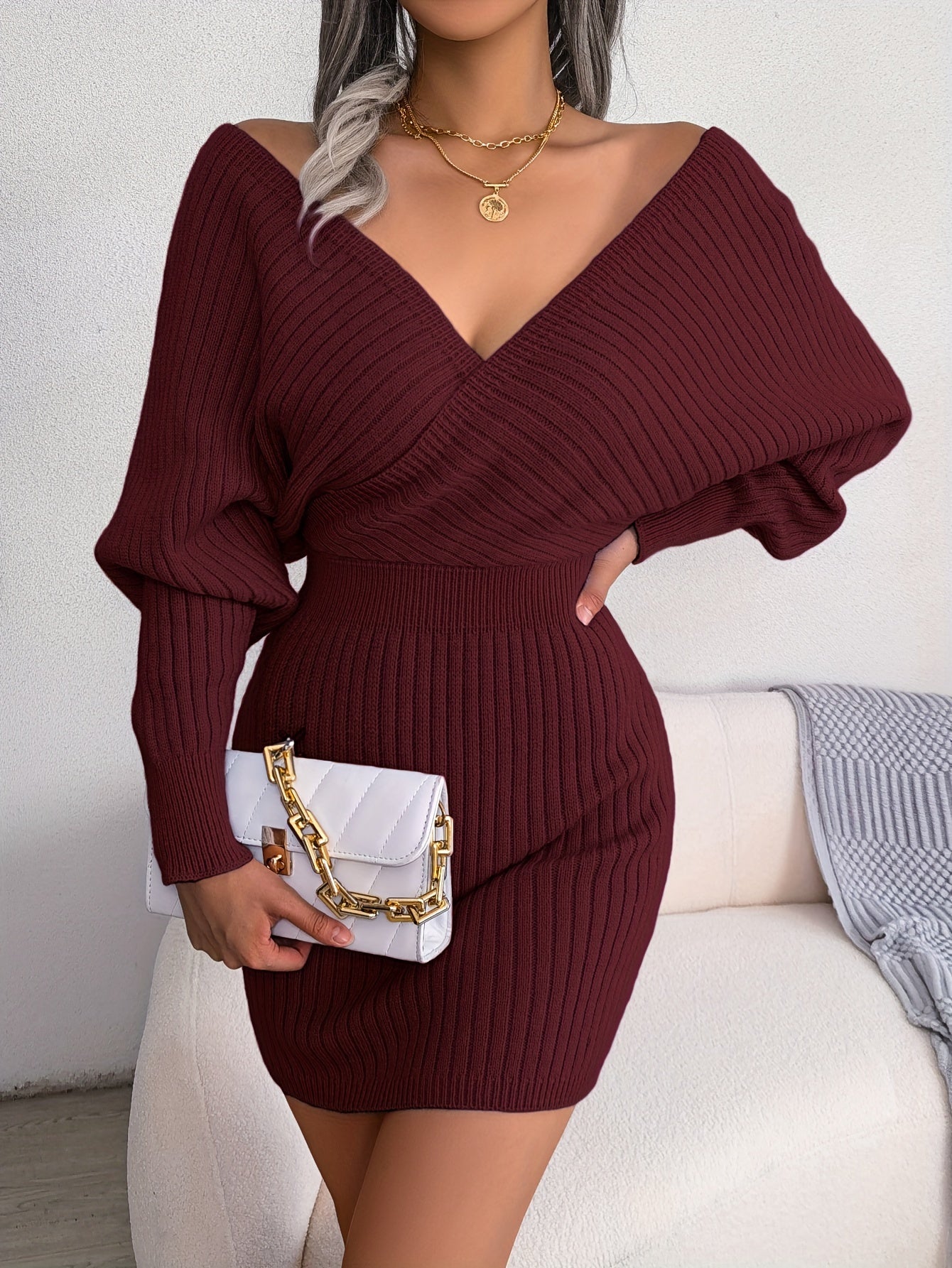 Sexy Cross V Neck Bodycon Sweater Dress, Batwing Sleeve Solid Criss Cross Neck Cross Sexy Dresses, Women's Clothing