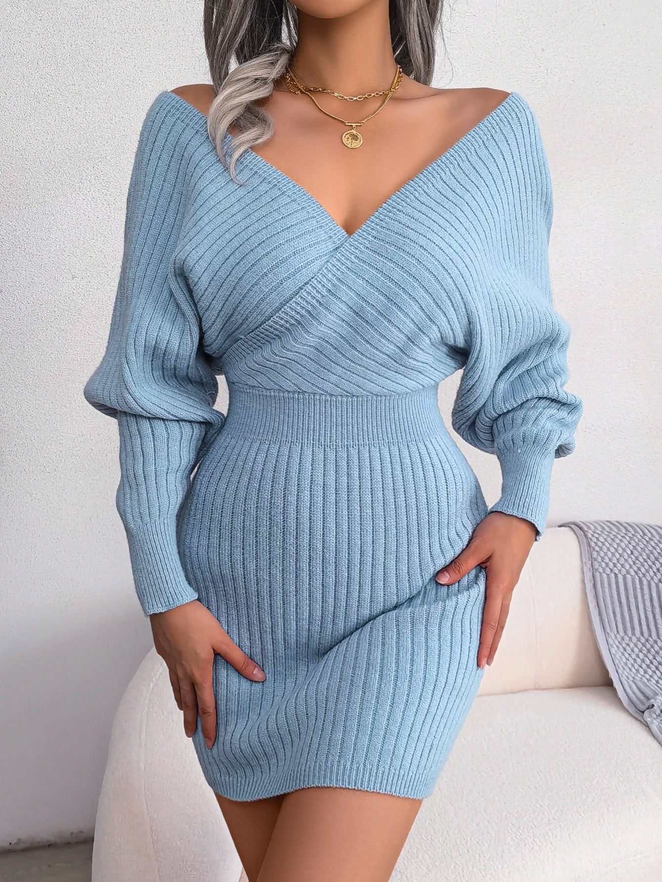 Sexy Cross V Neck Bodycon Sweater Dress, Batwing Sleeve Solid Criss Cross Neck Cross Sexy Dresses, Women's Clothing