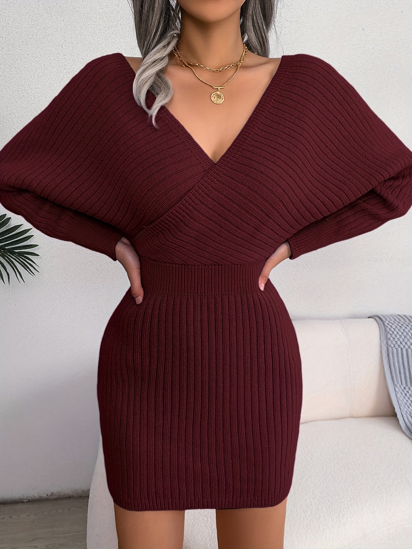 Sexy Cross V Neck Bodycon Sweater Dress, Batwing Sleeve Solid Criss Cross Neck Cross Sexy Dresses, Women's Clothing