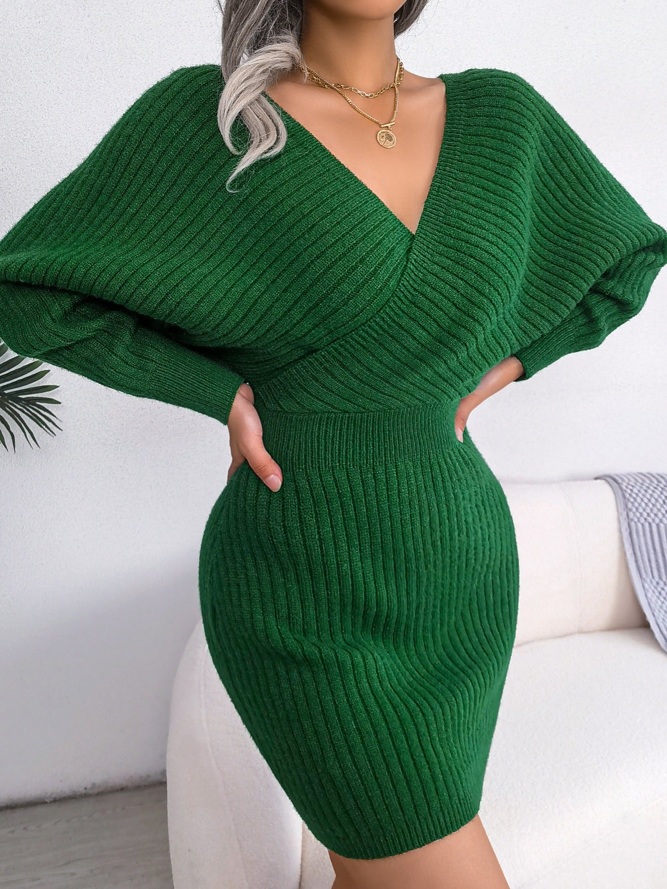 Sexy Cross V Neck Bodycon Sweater Dress, Batwing Sleeve Solid Criss Cross Neck Cross Sexy Dresses, Women's Clothing
