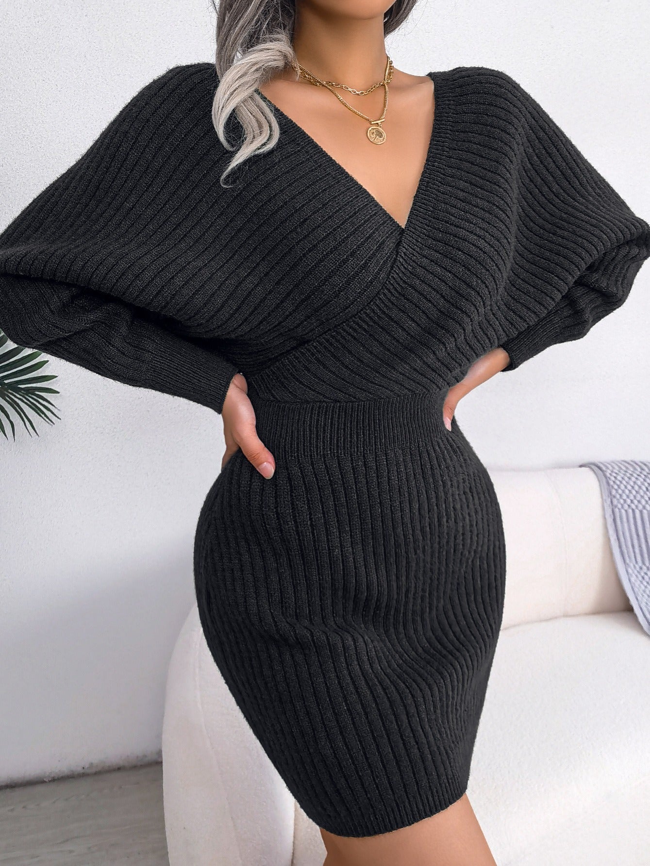 Sexy Cross V Neck Bodycon Sweater Dress, Batwing Sleeve Solid Criss Cross Neck Cross Sexy Dresses, Women's Clothing